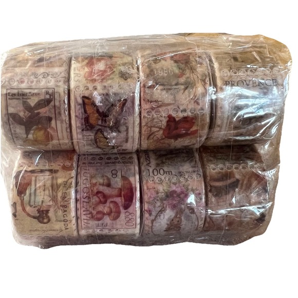 emmoolife Other - 8 Rolls Vtg Antique Stamp Washi Tape Floral Letter Butterfly Mushroom Botanical